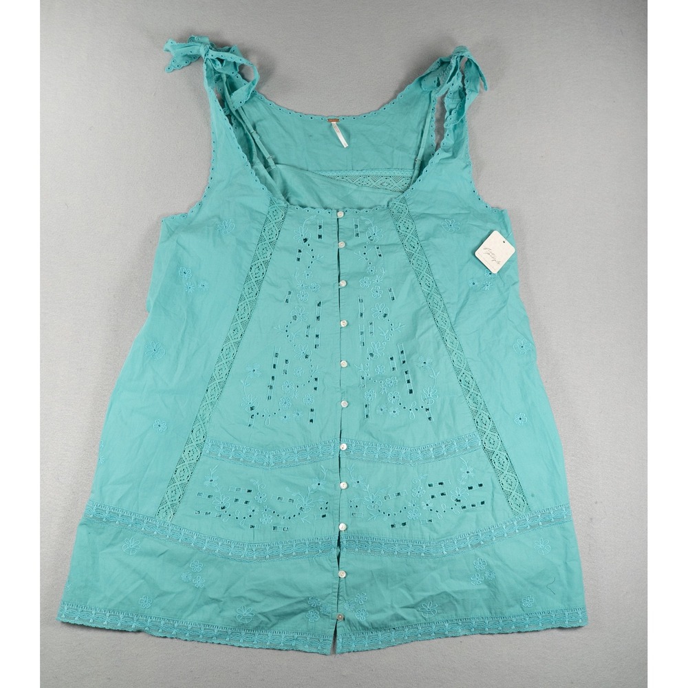 Free People Wasabi Sauce Eyelet Lace Cotton Tie Strap Tunic Top Blue Large NWT